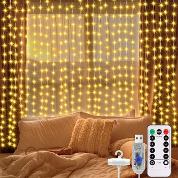 Vánoční dekorace SVĚTELNÝ ZÁVĚS NA OKNO 300 LED 3x3m, TEPLÁ BÍLÁ, USB
