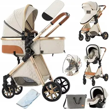 Kočárek Dětský kočárek 3v1 khaki hliníkový s autosedačkou, korbou a sportovní sedačkou