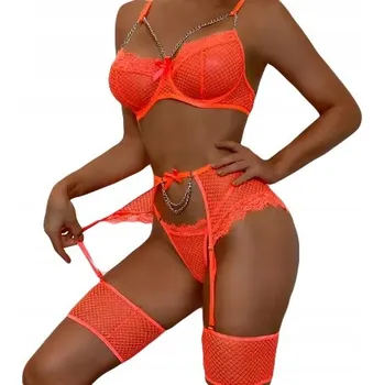 Dámské oblečení Krásná SADA Dámského Prádla PODPRSENKA TANGA Podvazkový Pás ORANŽOVÁ M