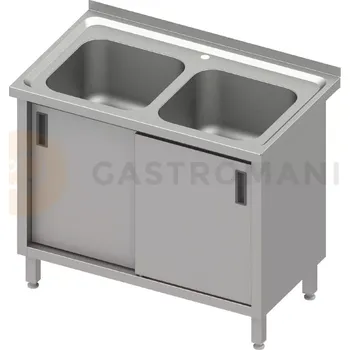Nerezový dřez Stůl s dvojitým dřezem, posuvné dveře, lisovaná deska, 1000x600x850 mm | STALGAST, 616407