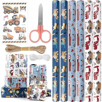 Balící papír 6X DÁRKOVÝ BALICÍ PAPÍR AUTÍČKA PRO DĚTI + NŮŽKY A PROVAZ