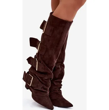 Dámská obuv Dámské kozačky na sloupku a zlatými přezkami – čokoládové Isavelle Velikost: 38