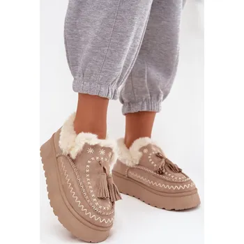 Dívčí obuv Dámské sněhule Ferayne na platformě s kožešinou a třásněmi – béžové Velikost: 39