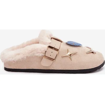 Dámské polobotky Dámské domácí pantofle se sponou a kožíškem – béžové Thalora Velikost: 38