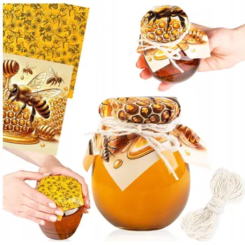 Sklenice VÍČKA NA SKLENICE, OBRUSKY NA MED, MED, PYLP, ZAVAŘOVACÍ SKLENICE, LAHVE + PROUŽEK 10x