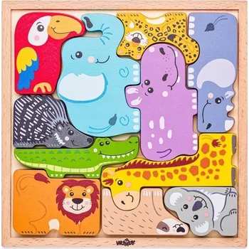 Dřevěná hračka Woody DŘEVO Puzzle zvířátka 11 dílků na desce (dřevěná hračka)