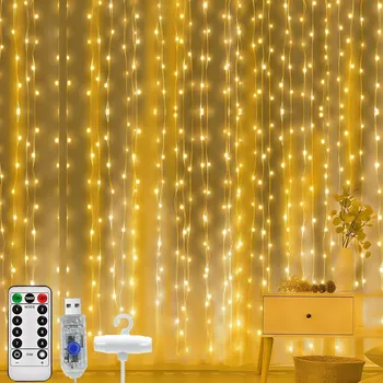 Vánoce Vánoční LED závěs 3x3m 300LED USB Dálkové ovládání Háčky Teplá Bílá