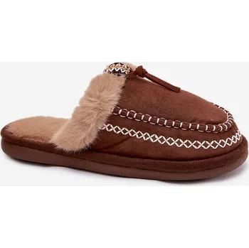 Dámská obuv Dámské domácí pantofle s kožíškem a výšivkou – hnědé Perivelle Velikost: 40