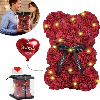 umělá květina MEDVÍDEK Z RŮŽÍ DÁREK PRO NI STABILIZOVANÁ RŮŽE Růžový BOX LED ELEGANTNÍ