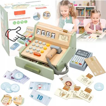 Hra na obchod DŘEVĚNÁ POKLADNA PRO DĚTI S PŘÍSLUŠENSTVÍM, HRAČKA POKLADNA, SADA 35 DÍLŮ