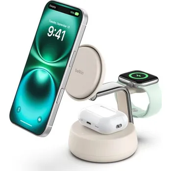 Příslušenství k chytrým hodinkám Belkin UltraCharge™ PRO Qi2 25W 3v1 Magnetická nabíječka pro iPhone/Apple Watch/AirPods, písečná WIZ040KQSD