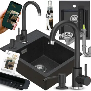 Granitový dřez GRANITOVÝ DŘEZ 50 ČERNÝ S BÍLÝMI TEČKAMI S ODKAPÁVAČEM + BATERIE + DÁVKOVAČ