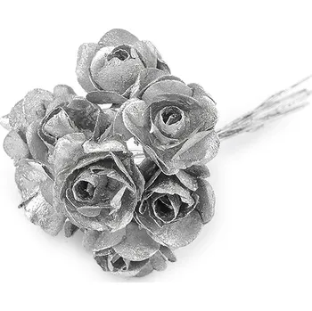 umělá květina Umělá papírová mini růže metalická na drátku, malé, 2 stříbrná