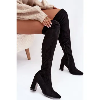 Dámské kozačky Dámské kozačky z eko-semiše nad kolena na sloupku – černé Thamine Velikost: 36