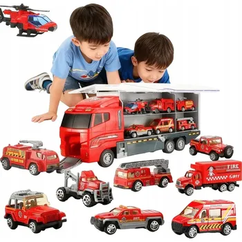 autíčko Auto - Náklaďák Přepravník červený hasiči + 8 autíček kusů