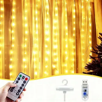 Vánoční dekorace SVĚTELNÝ ZÁVĚS NA OKNO 300 LED 3x3m SVĚTÝLKA TEPLÁ BÍLÁ + DÁLKOVÉ OVLÁDÁNÍ HÁČKY