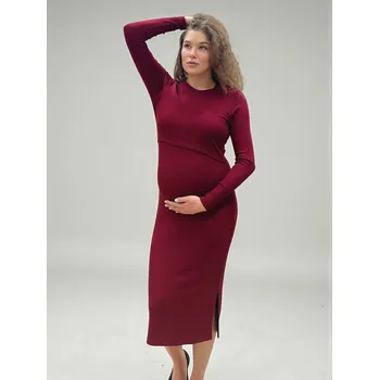 Těhotenské šaty Žebrované těhotenské a kojicí šaty Kristin – burgundy, dlouhý rukáv Velikost: S
