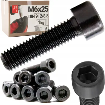 Šroub Šroub s vnitřním šestihranem M6x25 černý pozink s válcovou hlavou DIN912 třídy 8.8, imbusový, 1 kg