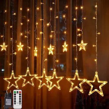 Vánoce SVĚTELNÝ ZÁVĚS HVĚZDY LED SVĚTÝLKA OKENNÍ GIRLANDA NA OKNO TEPLÁ BÍLÁ