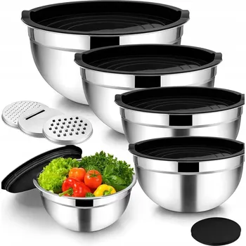 5 KUSŮ OCELOVÝCH MISEK S VÍKY A STRUHADLY, NEREZOVÉ HERMETICKÉ MISKY