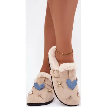 Dámské polobotky Dámské pantofle s ozdobami a sponou zateplené kožešinou béžové Thalora 38