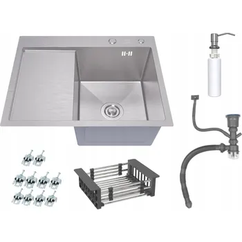 Granitový dřez Jednokomorový dřez INOX 63x50R, tloušťka 3 mm, se sifonem, odkapávačem a Dávkovač