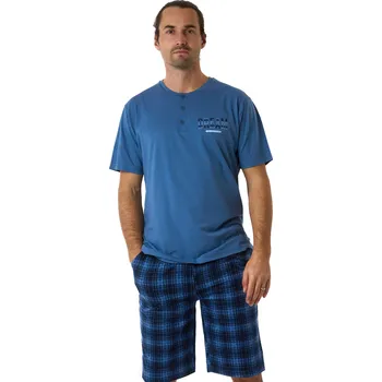 Pánské pyžamo Modré a kárované pánské pyžamo s krátkým rukávem a kraťasy s knoflíky u krku DREAM 1P1954 modrá s