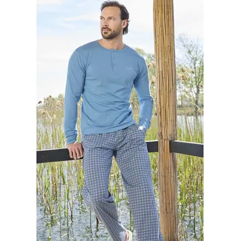 Pánské pyžamo Nebesky modré a šedě kárované luxusní pyžamo pro muže s knoflíky u krk 1P1796 modrá s