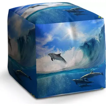 Taburet Sablio Taburet Cube Delfíni ve vlnách: 40x40x40 cm