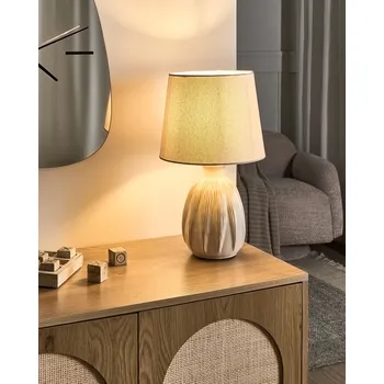 Osvětlení Stolní lampa světle béžová keramická základna lněné stínidlo buben skandinávský moderní styl obývací pokoj ložnice Beliani