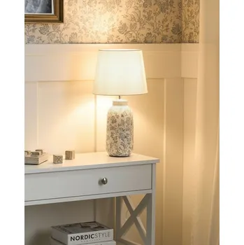 Lampička Stolní lampa bílá a modrá keramická základna lněné stínidlo ve tvaru bubnu středomořský styl obývací pokoj ložnice Beliani