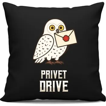 Žertovný předmět Privet Drive - Hedwiga - černý polštář s potiskem pro fanoušky série Harry Potter- Tričkový.cz