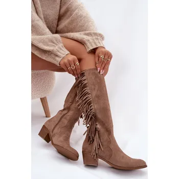 Dámské kozačky Dámské kovbojské kozačky s třásněmi a zateplením – khaki Firlina Velikost: 40