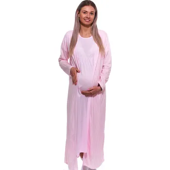 Dámská noční košile Růžová kojící a těhotenská košilka a pruhovaný župan v kompletu v dlouhé délce 1G0616 růžová l