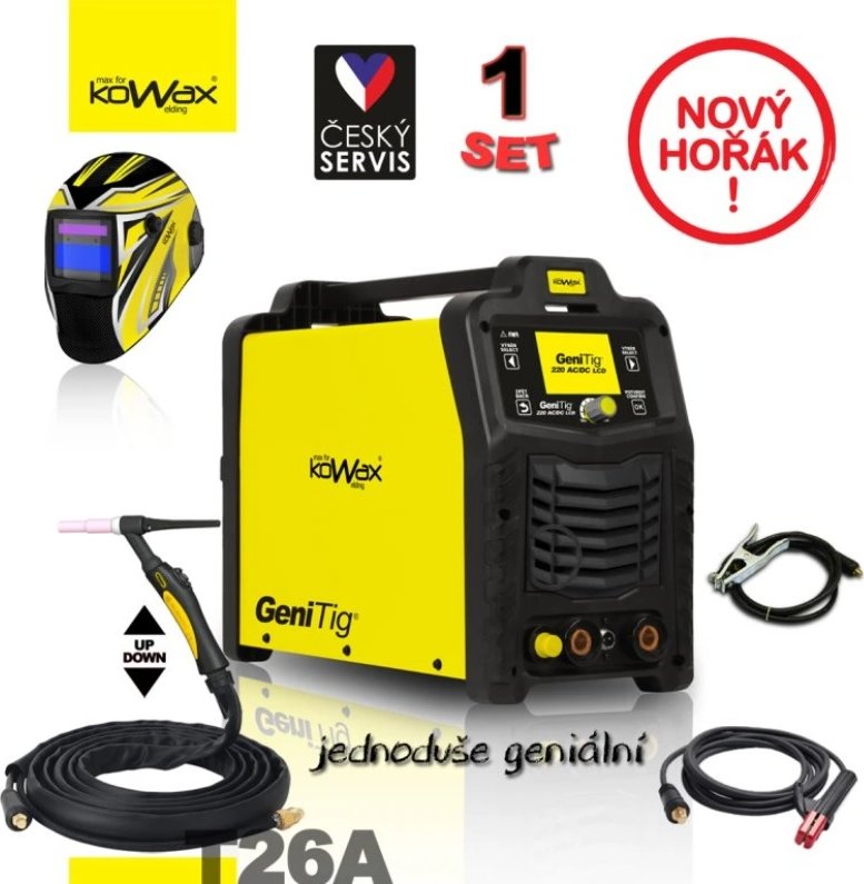 Kowax Svářecí invertor GeniTig 220 AC/DC LCD Varianta setu: Svářecí invertor + svařovací hořák TIG 26 4m UP/DOWN + svařovací kabely 25mm/3m + plynová hadička + samozatmívací kukla KWX3