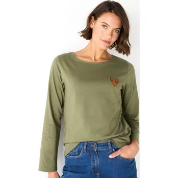 Blancheporte Jednobarevné tričko s dlouhými rukávy a nášivkou srdíčka khaki/čokoládová 34/36