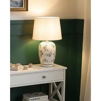 Lampička Stolní lampa krémově bílý keramický podstavec květinový motiv s lněným stínidlem lesklá obývací pokoj ložnice Beliani