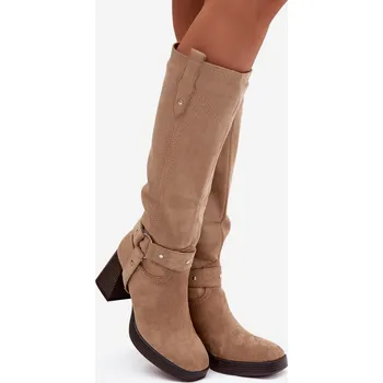 Dámská obuv Dámské zateplené kozačky na podpatku s prošíváním Alessara – béžové Velikost: 38