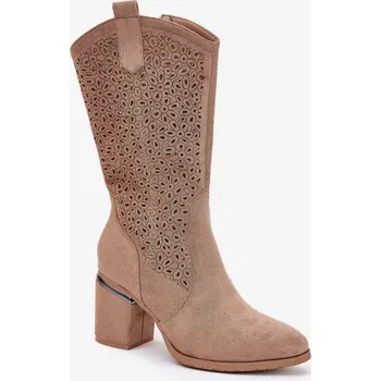 Dámské kozačky Dámské perforované kozačky do poloviny lýtka ve stylu kovbojek S.Barski – béžové, eko kůže Velikost: 38