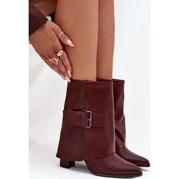 Dámská obuv Dámské zateplené kotníkové botky na sloupku s ohrnovací manžetou a přezkou – bordó Ylenara Velikost: 38