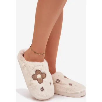 Dámské polobotky Dámské chlupaté papuče s květinami – béžové Selinne Velikost: 38/39