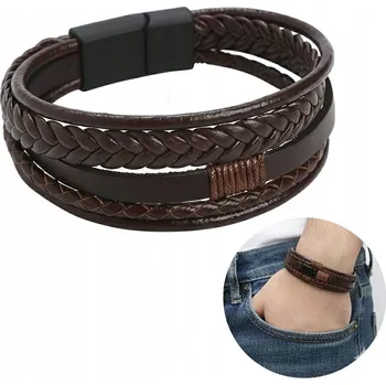 Náramek Pánský náramek kožený, hnědý, pletený z ocel