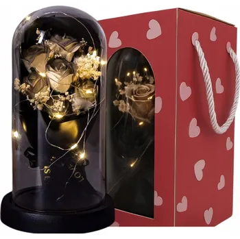 umělá květina STABILIZOVANÁ RŮŽE KRÁSNÁ KYTICE RŮŽÍ VE SKLE SVÍTÍCÍ LED LAMPA DÁREK BARVY