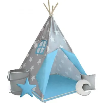 Dětský stan Dětský indiánský stan týpí 100% bavlna + dřevo včetně výbavy, šedá s hvězdami