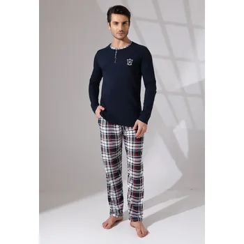 Pánské pyžamo Tmavě modré a šedovínově kárované pyžamo pro muže na knoflíky u krku s Erbem 1P1758 modrá s