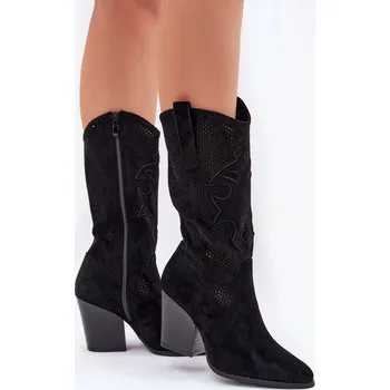 Dámské kozačky Dámské perforované kozačky ve stylu kovbojek na sloupkovém podpatku S.Barski – černé, eko kůže Velikost: 40