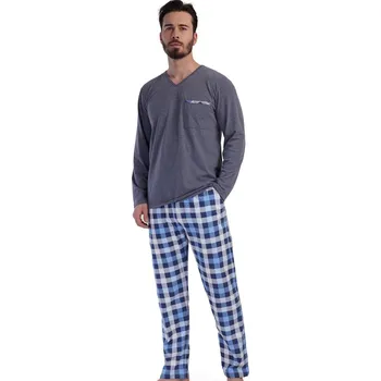 Pánské pyžamo Šedomodré a modře kostkované pyžamo pro muže s náprsní kapsou 1P1776 modrá s