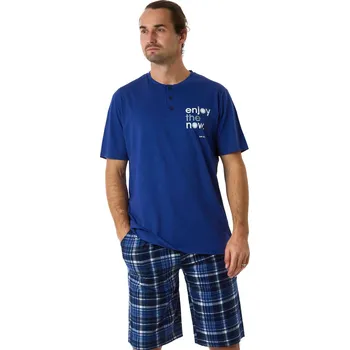 Pánské pyžamo Modré a zeleně kárované pánské pyžamo s krátkým rukávem a kraťasy - Užívej si přítomnost 1P1960 modrá s