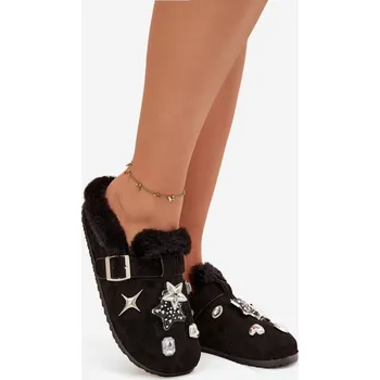 Dámské polobotky Dámské pantofle s ozdobami a sponou, zateplené kožíškem – černé Thalora Velikost: 40