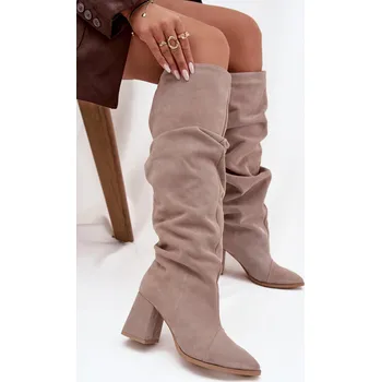 Dámská obuv Dámské zateplené kozačky na podpatku Zazoo – béžové, pravý zamsz Velikost: 40